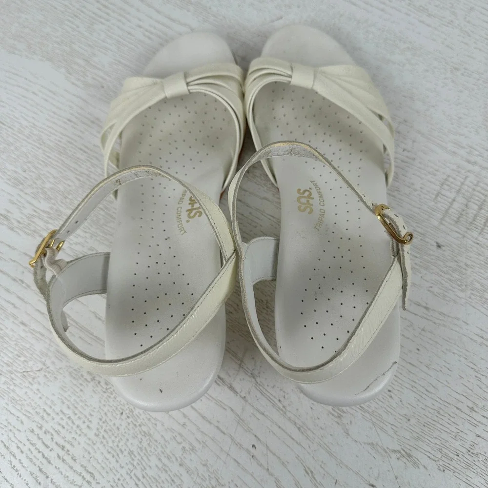 SAS Strippy Tripad Comfort Women's 9 N Cream White Leather Wedge Sandals Strappy